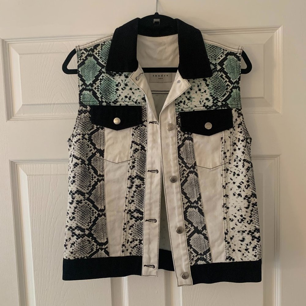 Sandro Snake-Print Mint and Black Denim Vest (S/M)
